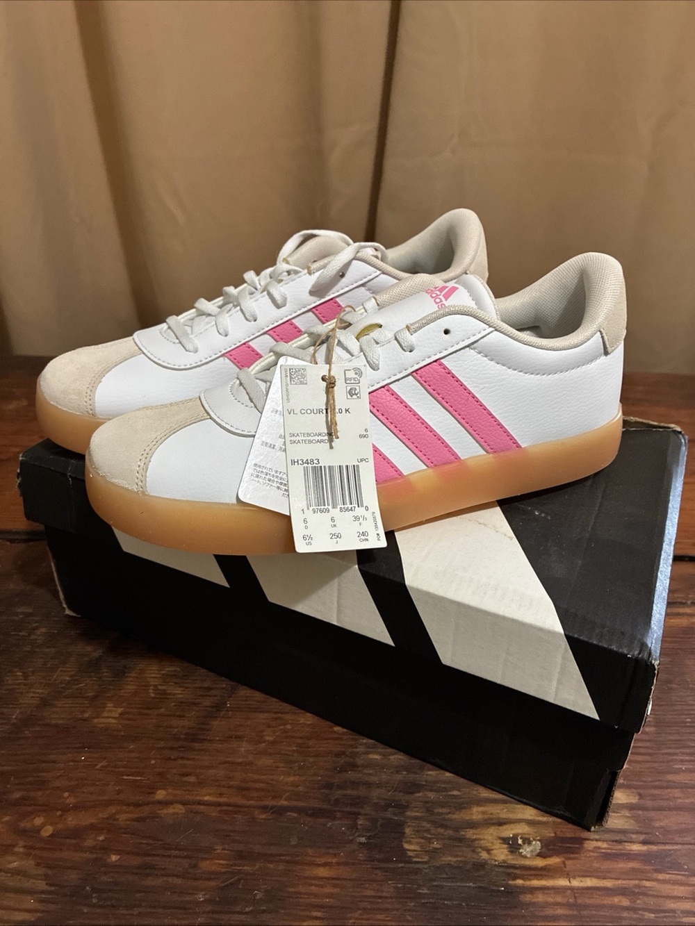 Adidas Kids 6.5 Womens 8 VL Court 3.0 Sneakers White, Pink & Gum